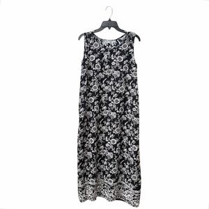 Phases Dress Women's Size M Black White Floral Rayon Sleeveless Midi Shift Boho
